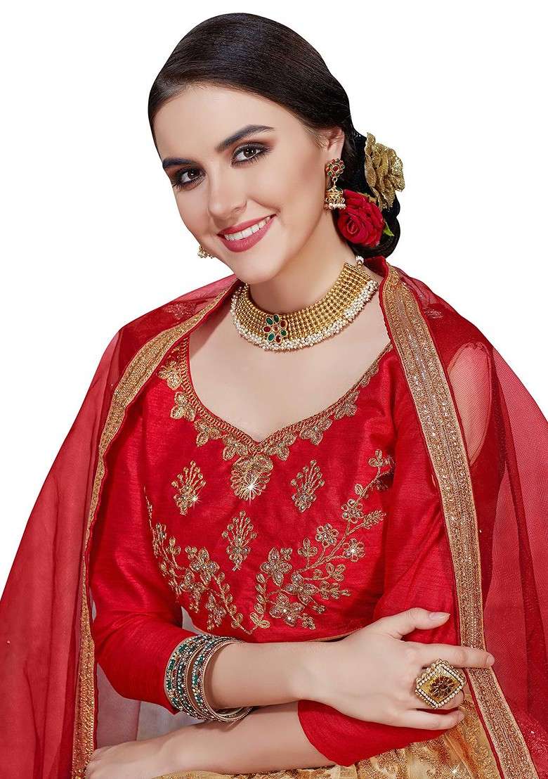 Beige Emboridered Blended Lehenga Choli - Indya
