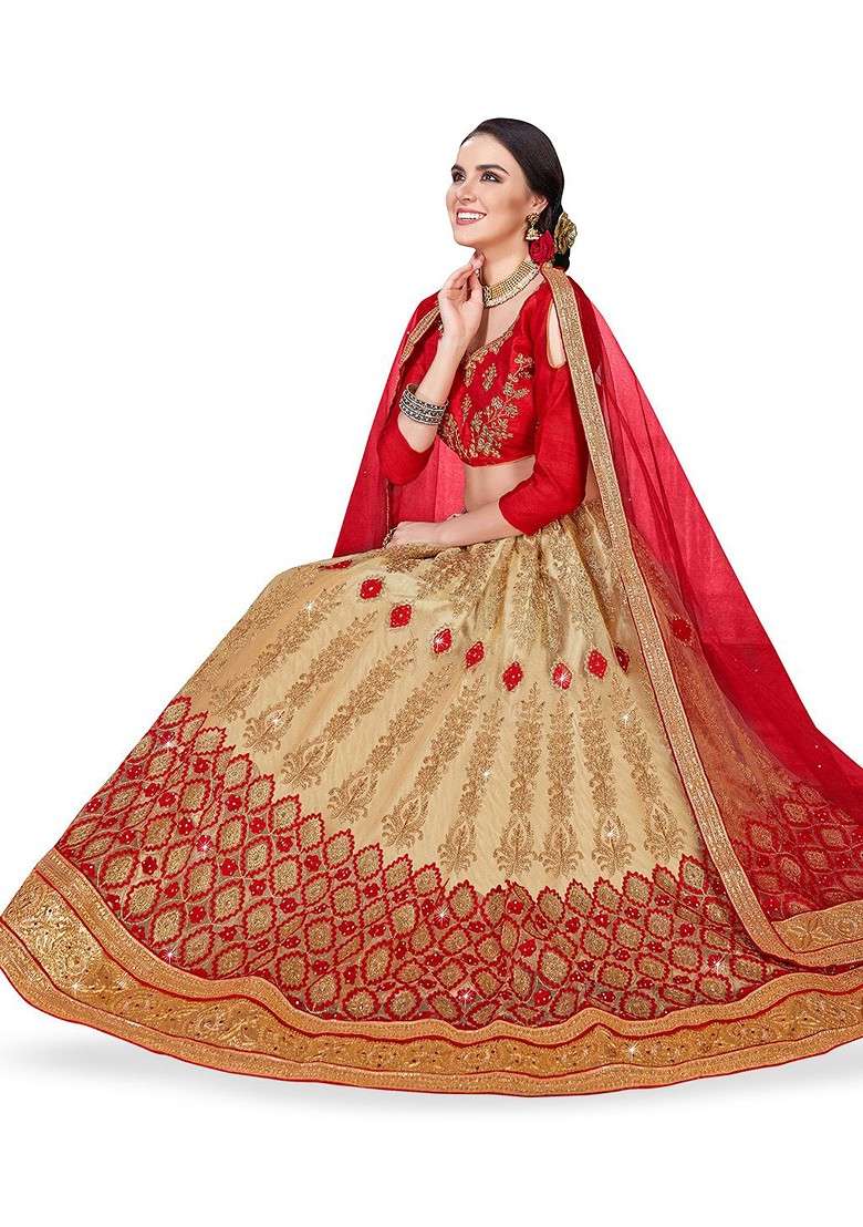 Beige Emboridered Blended Lehenga Choli - Indya
