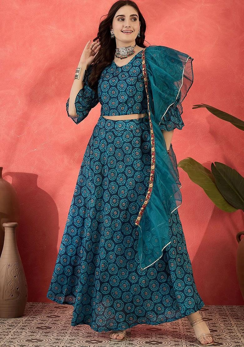 Blue Printed Blended Lehenga Choli