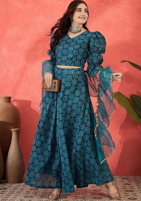 Blue Printed Blended Lehenga Choli