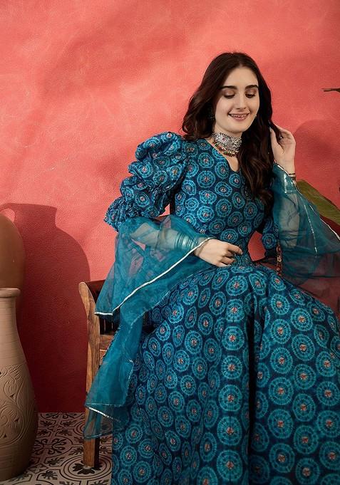 Blue Printed Blended Lehenga Choli