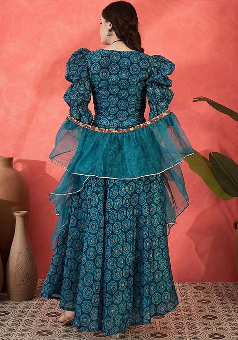 Blue Printed Blended Lehenga Choli