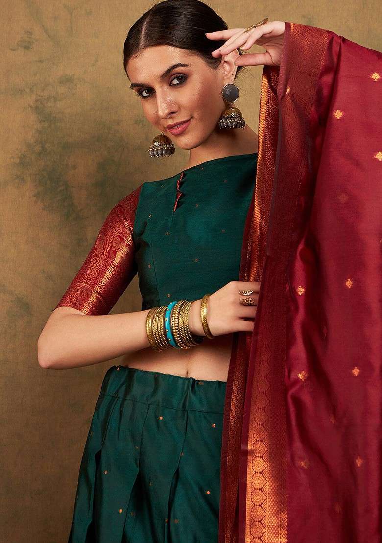 Green Woven Design Blended Lehenga Choli - Indya