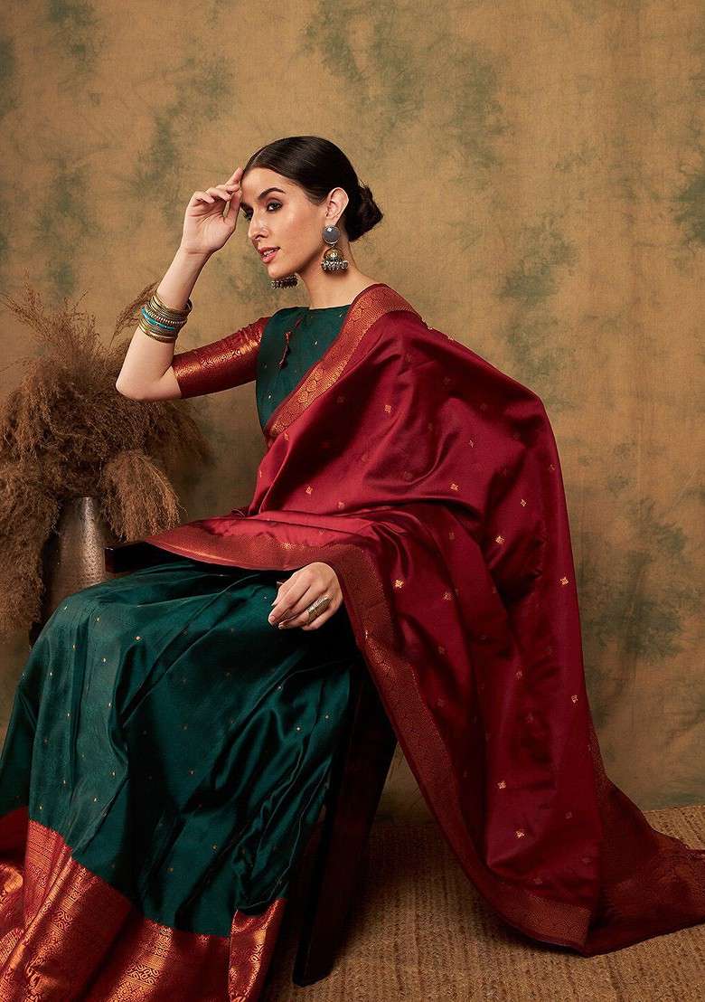 Green Woven Design Blended Lehenga Choli - Indya