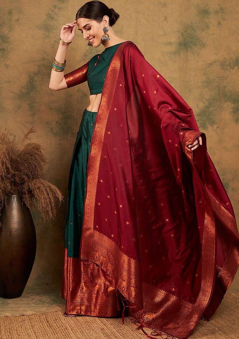 Green Woven Design Blended Lehenga Choli - Indya