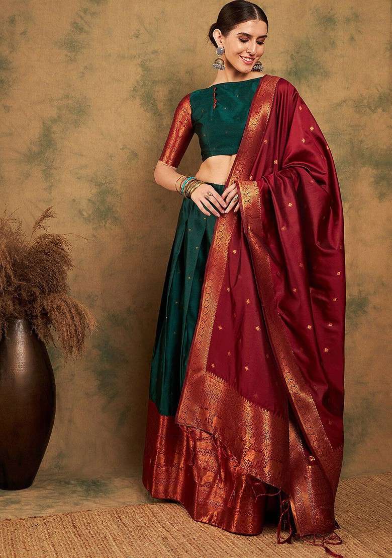 Green Woven Design Blended Lehenga Choli - Indya