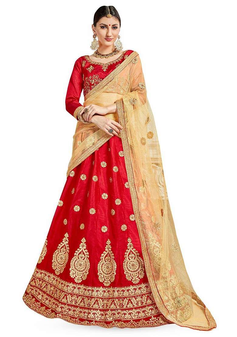 Red Emboridered Blended Lehenga Choli - Indya