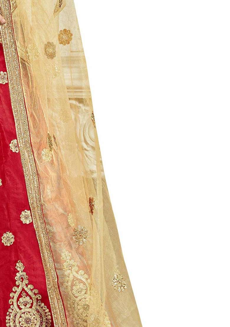 Red Emboridered Blended Lehenga Choli - Indya