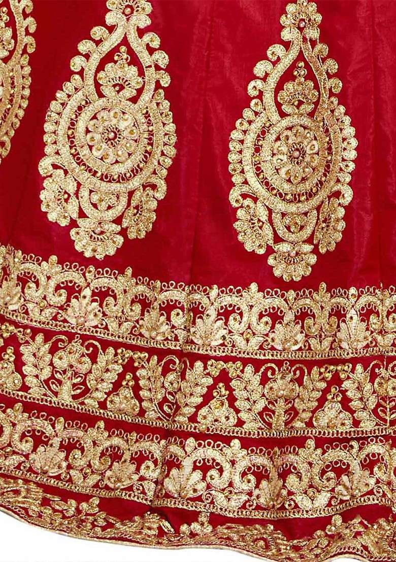 Red Emboridered Blended Lehenga Choli - Indya