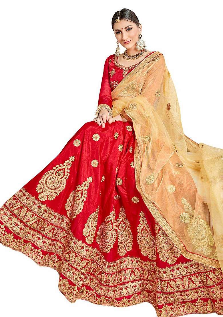 Red Emboridered Blended Lehenga Choli - Indya