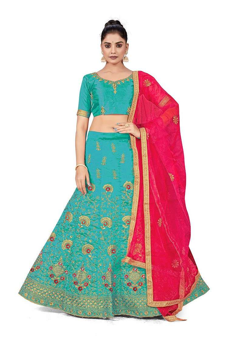 Turquoise Blue Embellished Blended Lehenga Choli - Indya