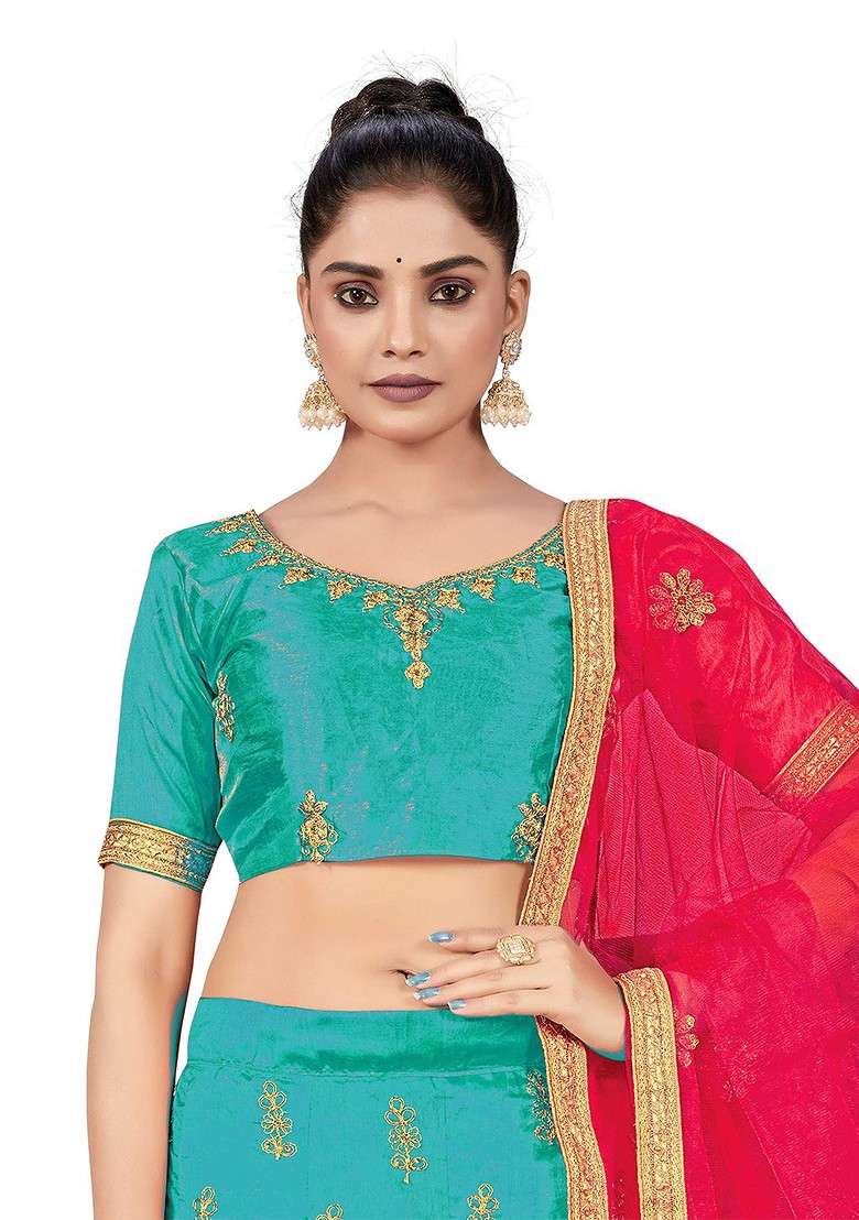 Turquoise Blue Embellished Blended Lehenga Choli - Indya