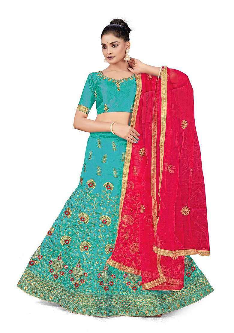 Turquoise Blue Embellished Blended Lehenga Choli - Indya