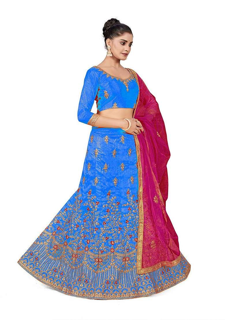 Turquoise Blue Embellished Blended Lehenga Choli - Indya
