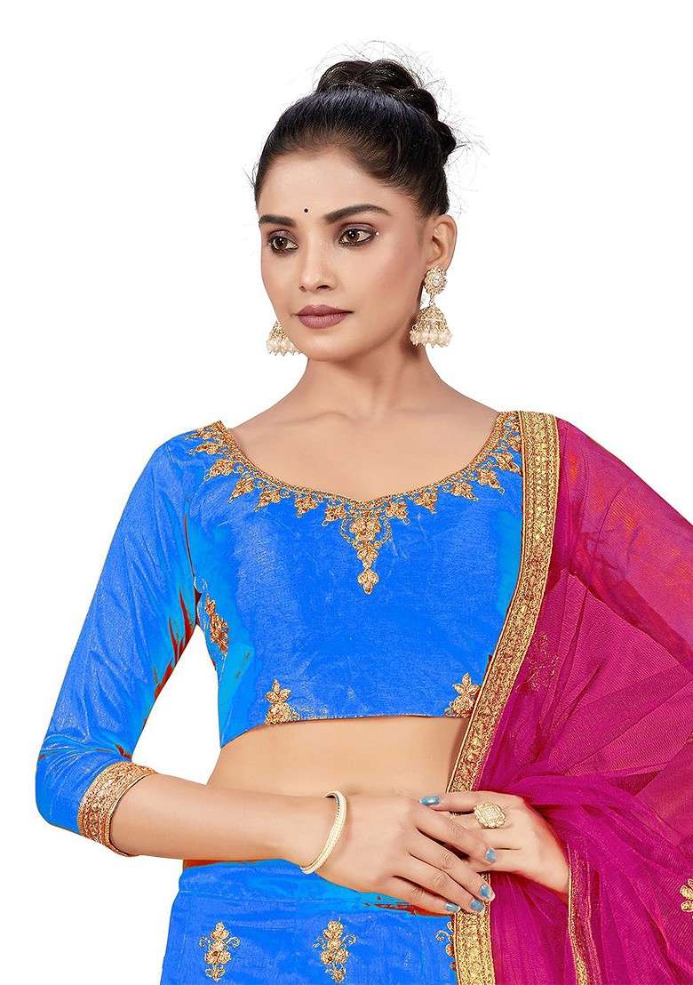 Turquoise Blue Embellished Blended Lehenga Choli - Indya