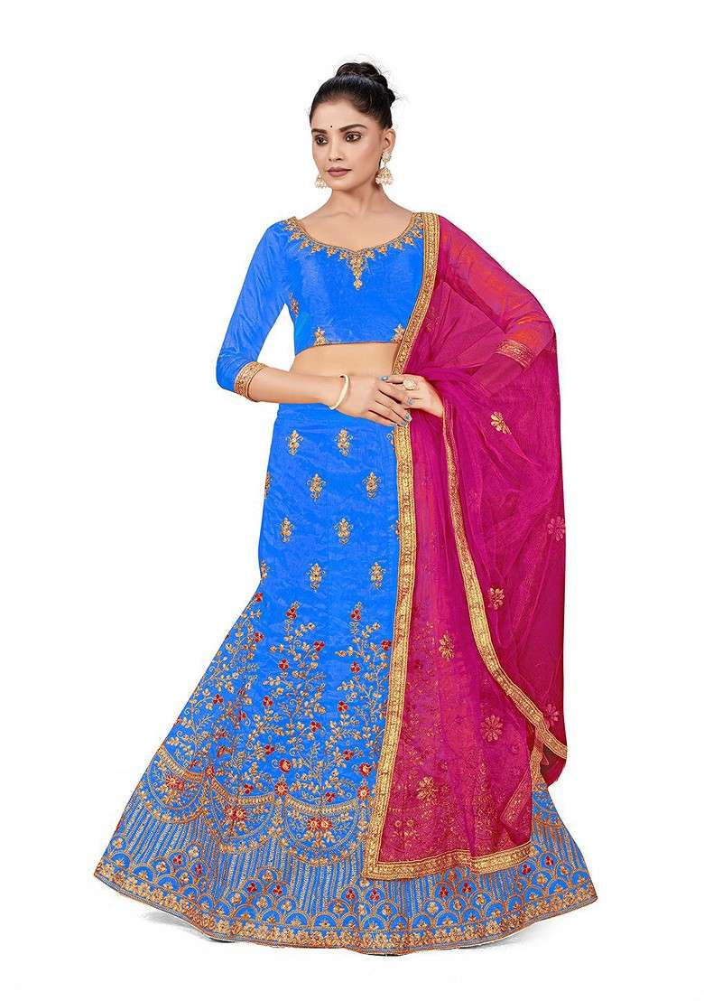Turquoise Blue Embellished Blended Lehenga Choli - Indya