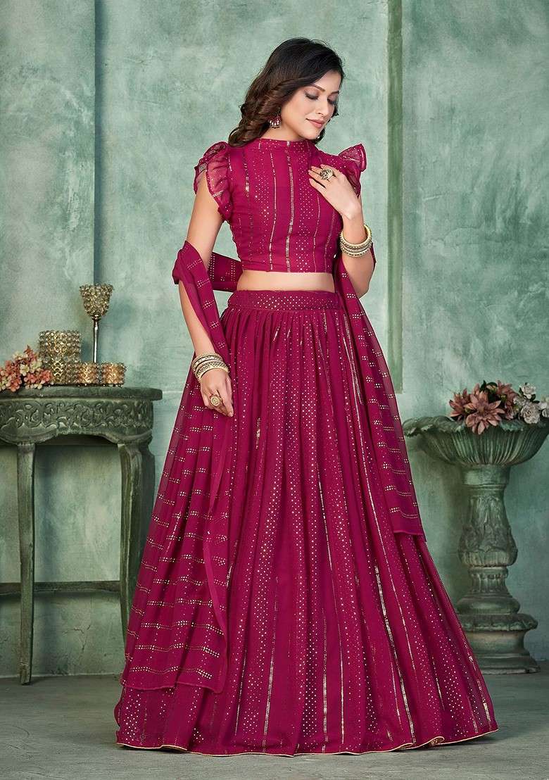 Pink Emboridered Blended Lehenga Choli - Indya