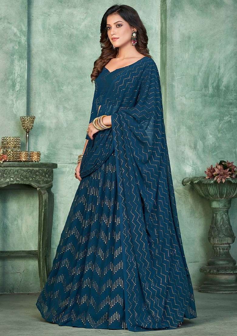 Blue Embellished Blended Lehenga Choli - Indya