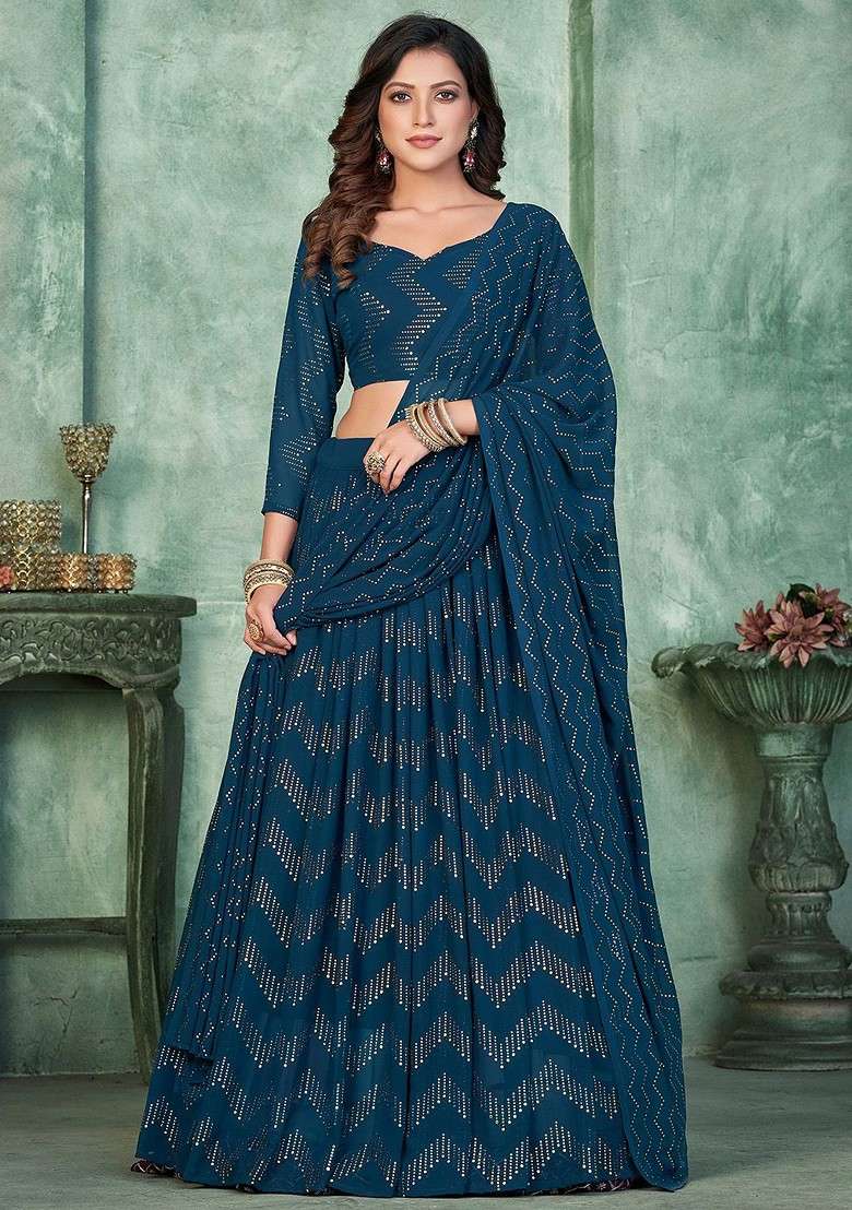 Teal Printed Blended Lehenga Choli - Indya