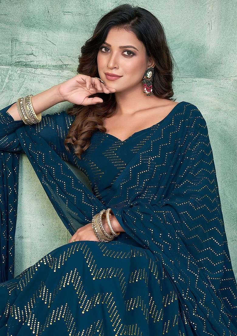 Teal Printed Blended Lehenga Choli - Indya