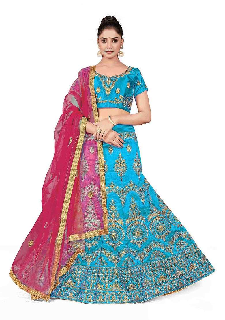 Turquoise Blue Embellished Blended Lehenga Choli - Indya