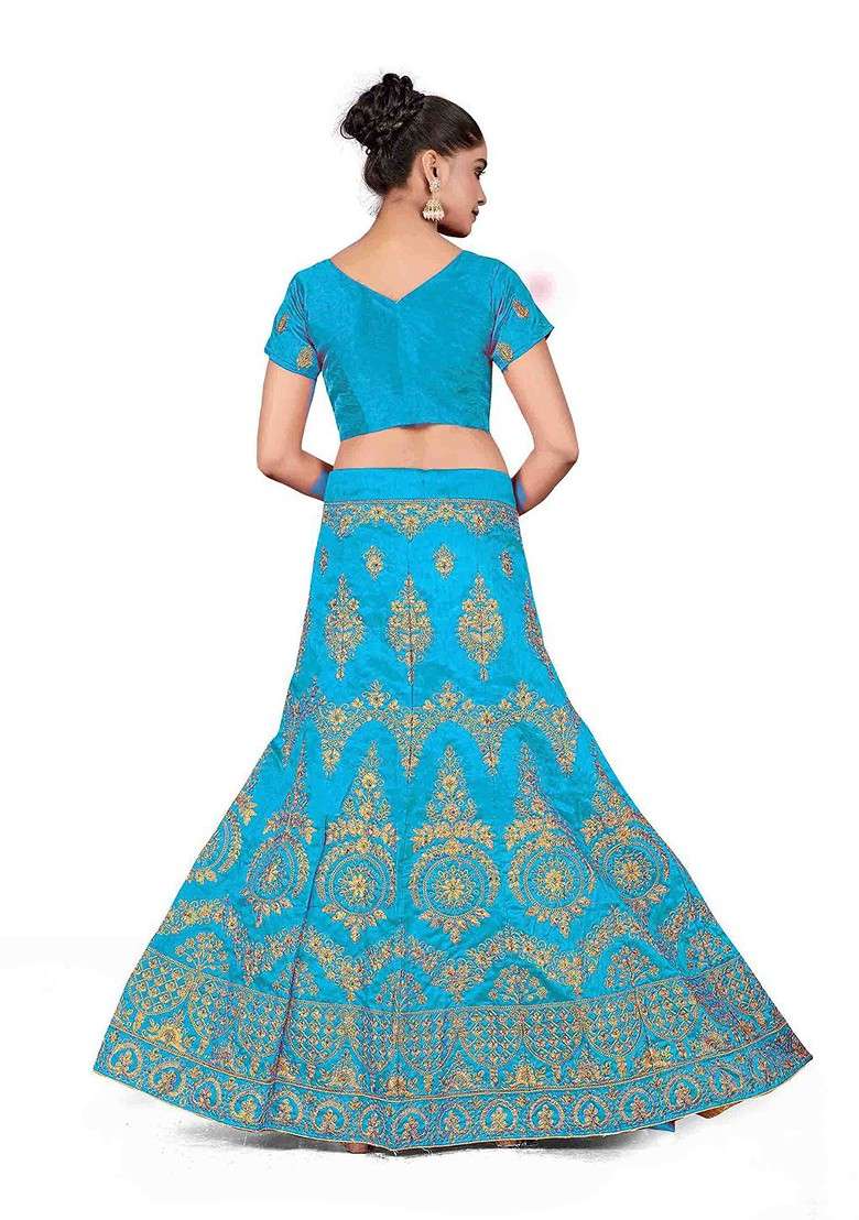 Turquoise Blue Embellished Blended Lehenga Choli - Indya