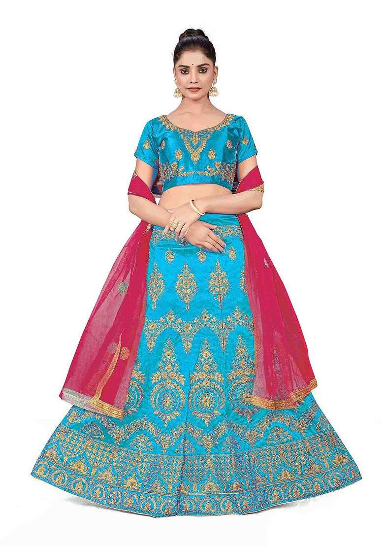 Turquoise Blue Embellished Blended Lehenga Choli - Indya