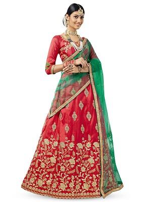 Red Emboridered Blended Lehenga Choli
