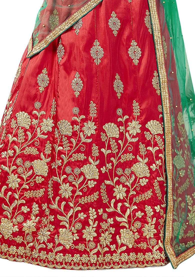 Red Emboridered Blended Lehenga Choli - Indya