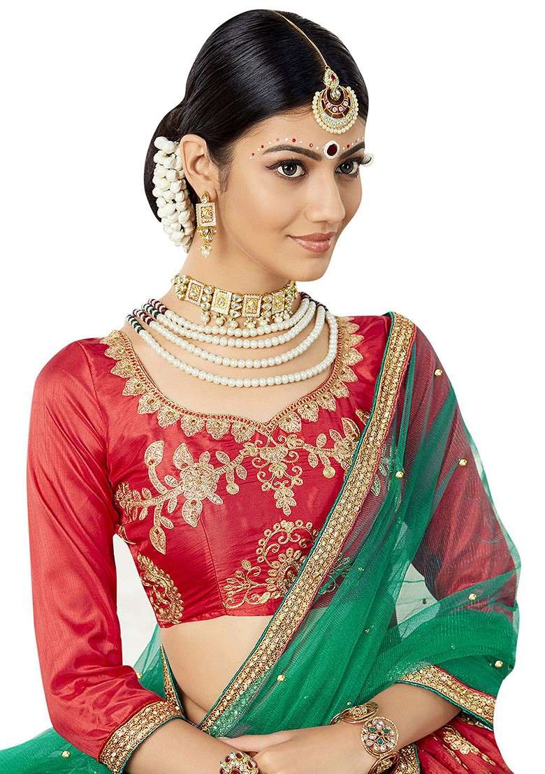 Red Emboridered Blended Lehenga Choli - Indya