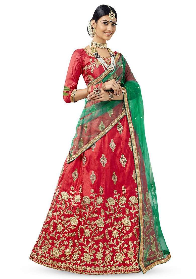 Red Emboridered Blended Lehenga Choli - Indya