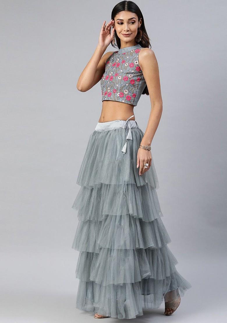 Grey Emboridered Blended Lehenga Choli - Indya