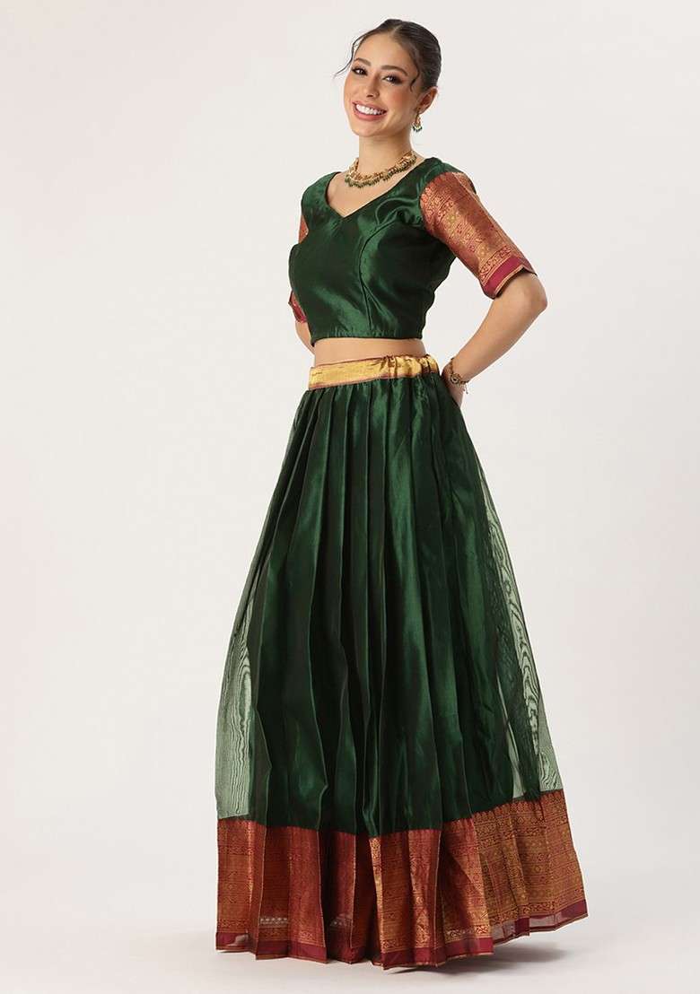 Green Sequinned Blended Lehenga Choli - Indya