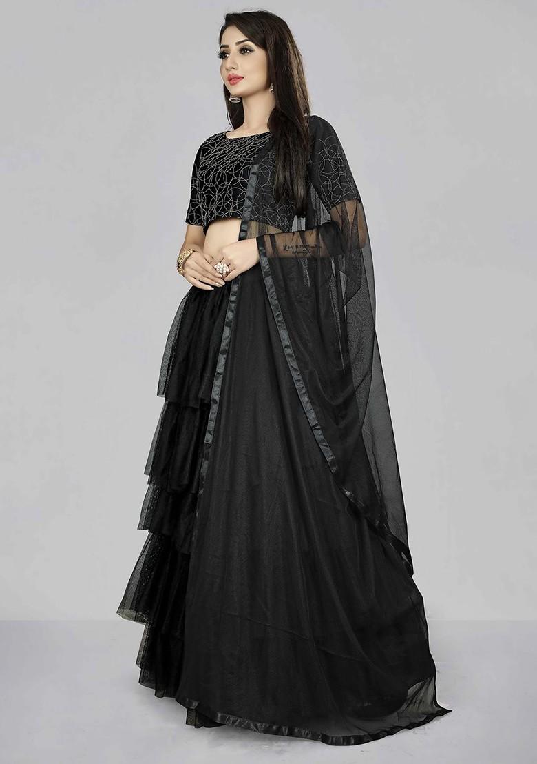 Black Printed Blended Lehenga Choli - Indya