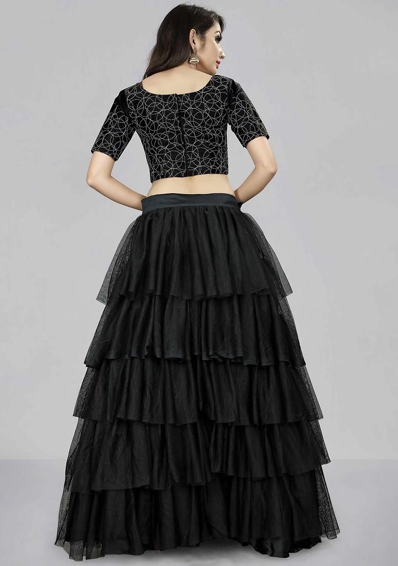 Black Printed Blended Lehenga Choli - Indya