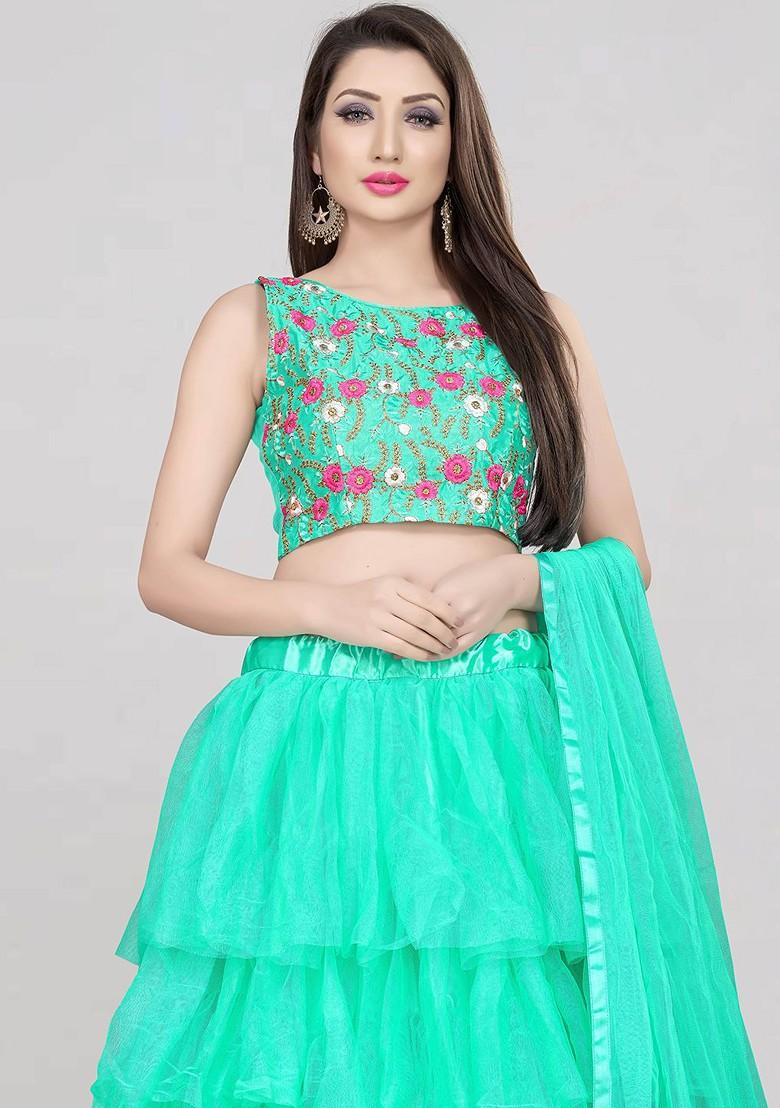 Sea Green Emboridered Blended Lehenga Choli - Indya