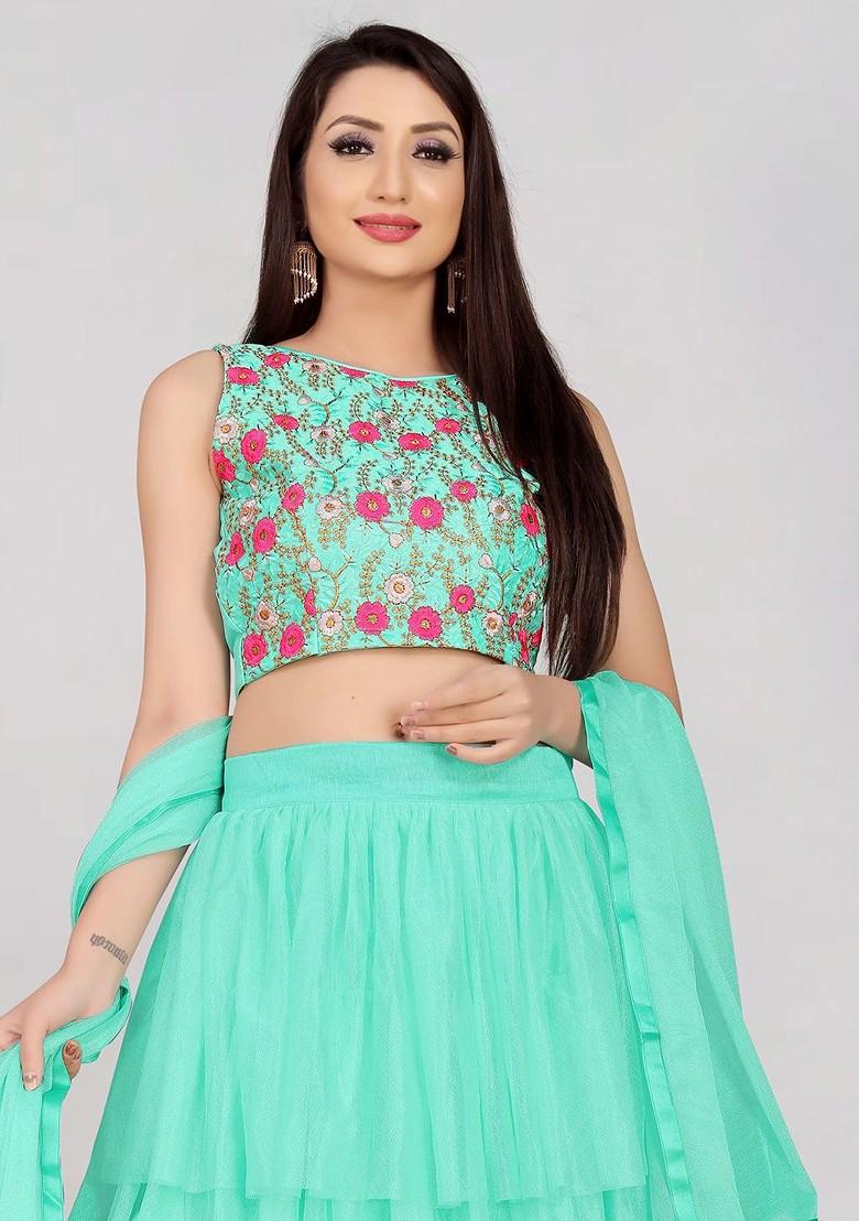 Sea Green Emboridered Blended Lehenga Choli - Indya