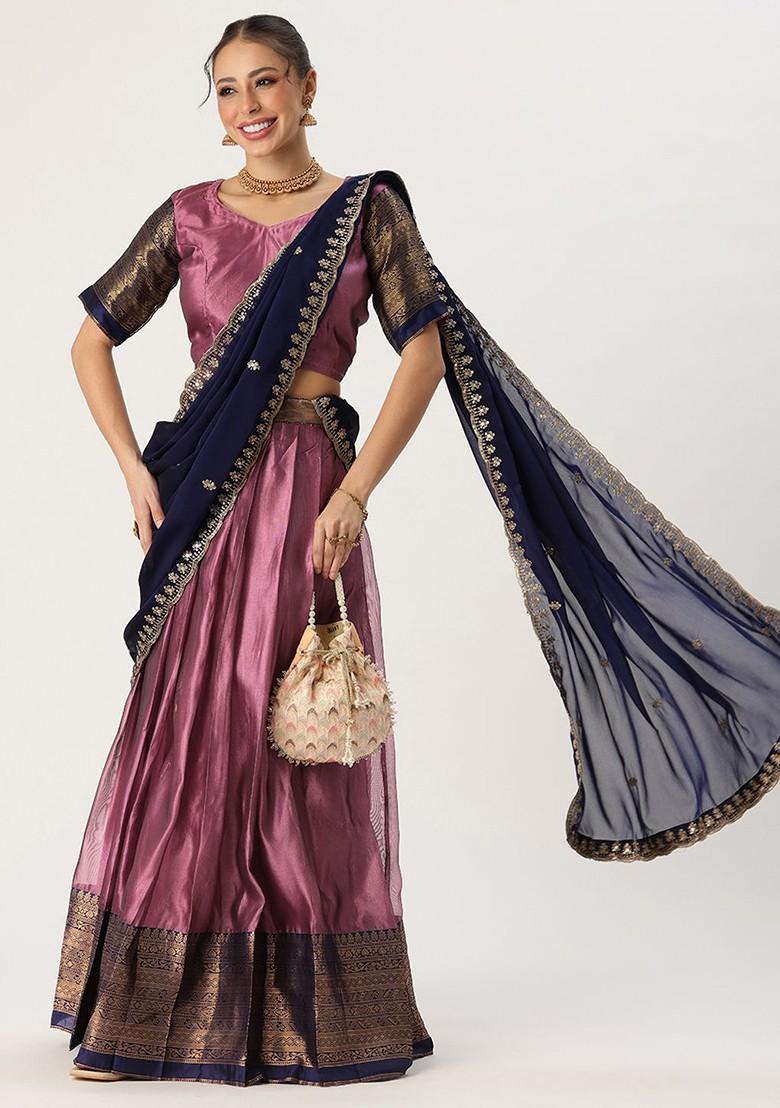 Peach Sequinned Blended Lehenga Choli - Indya