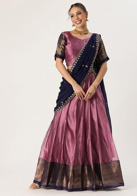 Peach Sequinned Blended Lehenga Choli — view on Indya