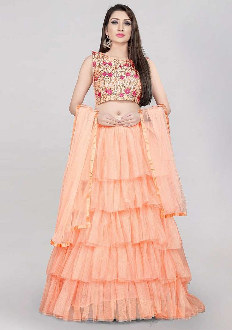 Orange Emboridered Blended Lehenga Choli - Indya