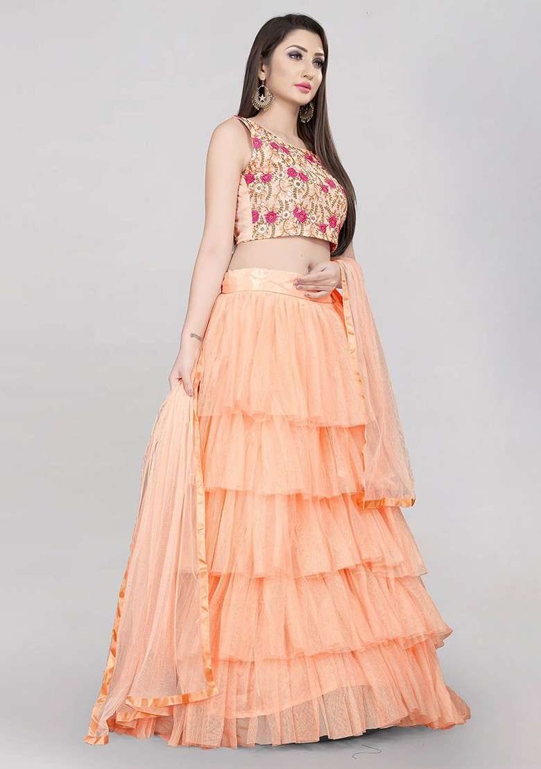Orange Emboridered Blended Lehenga Choli - Indya