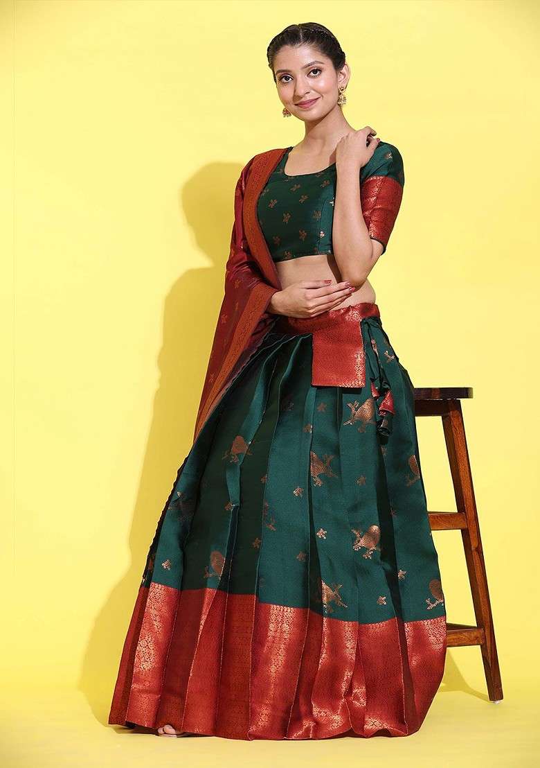 Green Emboridered Blended Lehenga Choli - Indya
