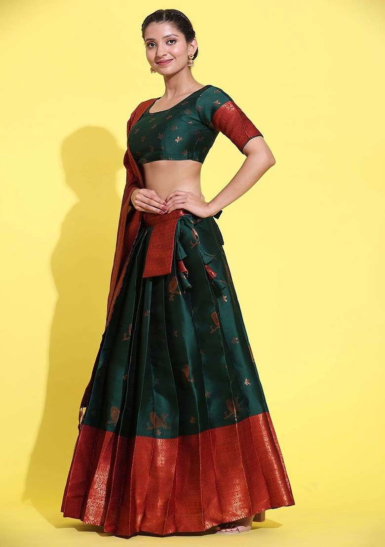 Green Emboridered Blended Lehenga Choli - Indya