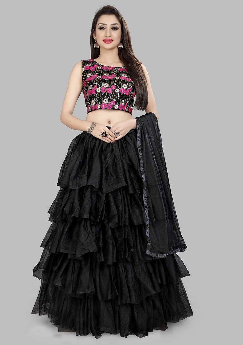 Black Emboridered Blended Lehenga Choli - Indya