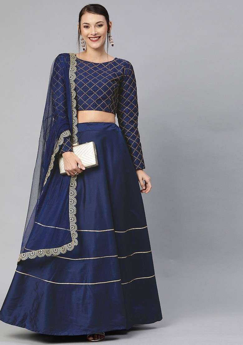Navy Blue Emboridered Blended Lehenga Choli - Indya