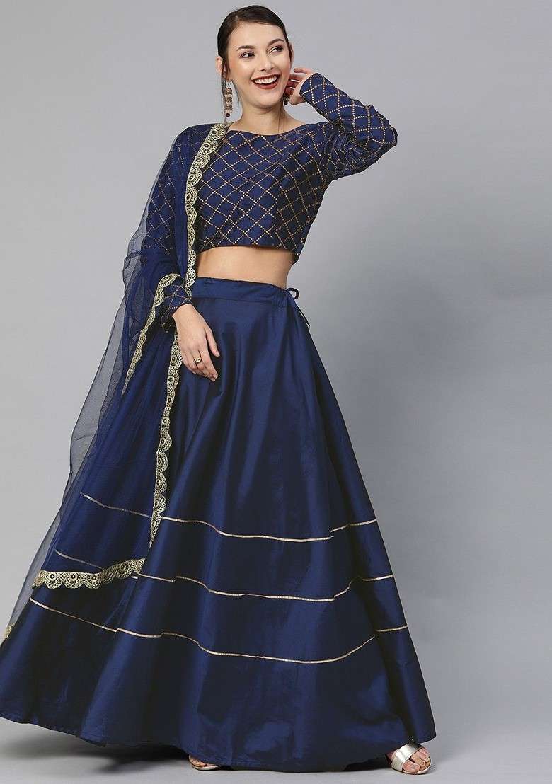 Navy Blue Emboridered Blended Lehenga Choli - Indya