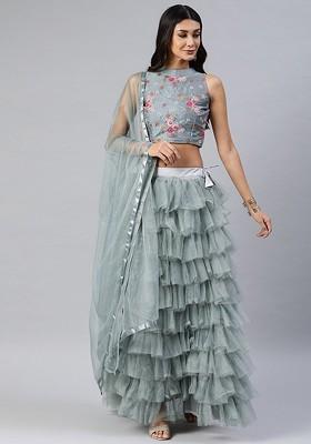 Grey Emboridered Blended Lehenga Choli
