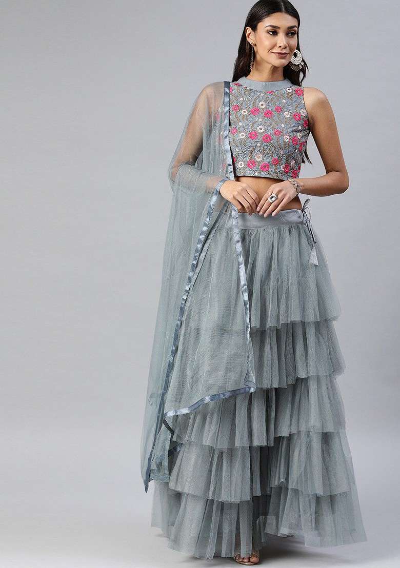 Grey Emboridered Blended Lehenga Choli - Indya