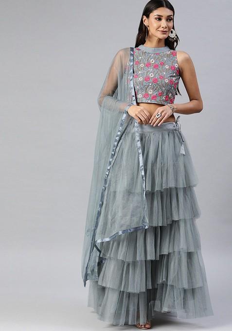 Grey Emboridered Blended Lehenga Choli — view on Indya