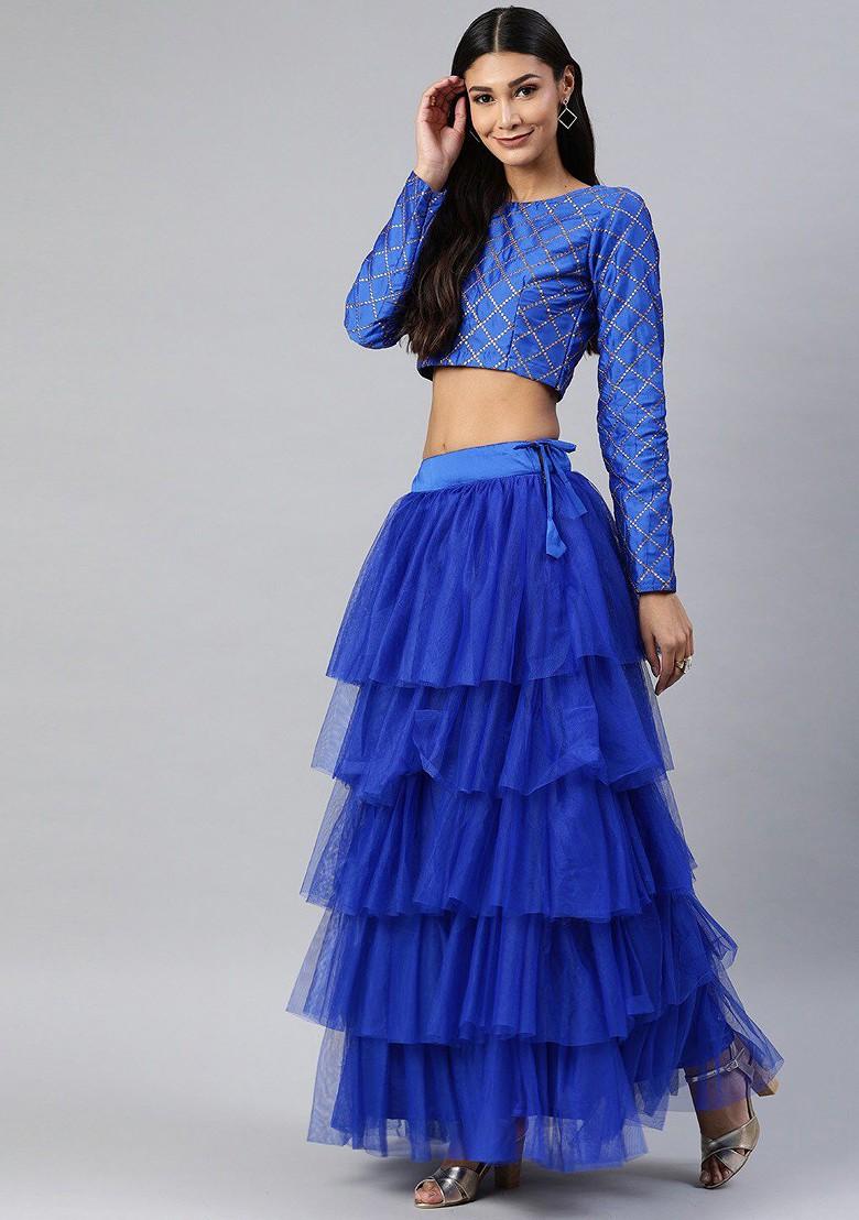 Blue Embellished Blended Lehenga Choli - Indya